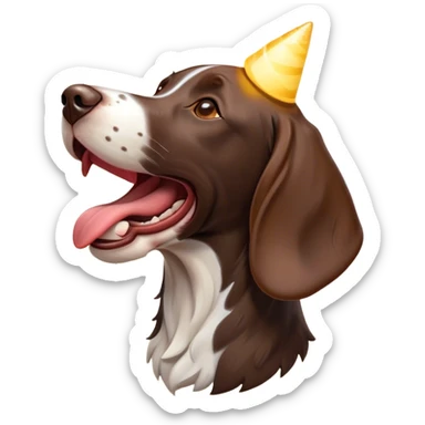 Cinematic Comical German Pointer Dog Portrait Emoji, Head tilted dramatically while yawning exaggeratedly, sleek brown and white fur, Simplified yet hilariously adorable features, highly detailed, glowing with an almost sarcastic glow, high shine, a mix of lazy and curious, stylized with a touch of playful whimsy, bright and alert but with a comical expression, soft glowing outline, capturing the essence of a mischievous yet overly dramatic dog, so meme-worthy it feels like it could leap off the screen and sassily demand attention, ready to become the internet’s next viral sensation! sticker
