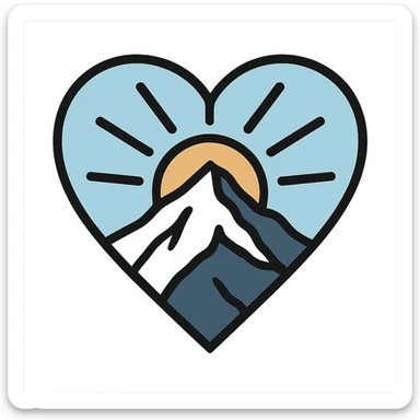 heart with a snowy mountain sunrise, clean digital illustration, no background sticker