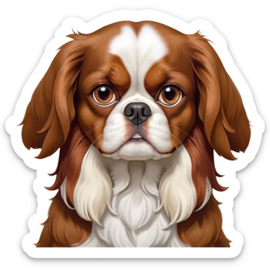Cinematic Meme-Worthy Grumpy Blenheim Cavalier King Charles Spaniel Portrait Emoji, Head held high but eyes filled with dramatic disappointment, smooth Blenheim coat with striking chestnut and white patches, deeply furrowed brow forming an unmistakable scowl, floppy ears slightly angled back in disapproval, piercing brown eyes glaring with pure exasperation, Simplified yet hilariously over-exaggerated features, highly detailed, glowing with an aura of supreme annoyance, high shine, exhausted yet judgmental, stylized with an almost regal pettiness, bright but brooding, soft glowing outline, capturing the essence of a companion that has seen it all and is thoroughly unimpressed, so meme-worthy it feels like it could instantly become the next viral sensation of grumpiness! sticker