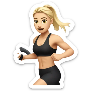 Girl with blonde hair in a ponytail running on a treadmill, she is wearing black leggings and a black sports bra sticker