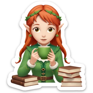 Red hair elf-like girl sipping tea with a stack of books beside her  sticker