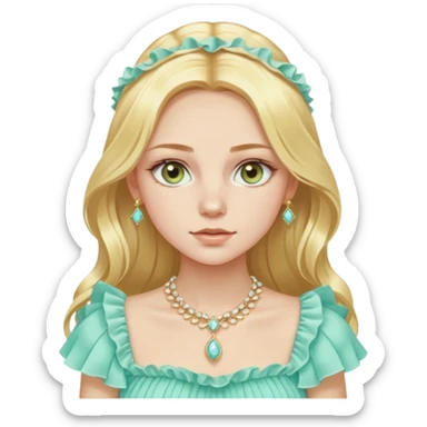 Slavic girl with peachy pale skin, long straight-wavy light golden yellow blonde hair, light hazel green eyes, wearing a fancy ruffle pastel icy aqua top and expensive light gold jewelry sticker