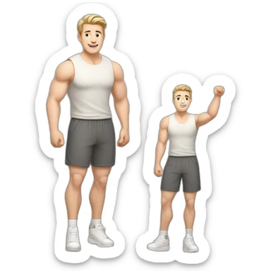 Full height Actively gesturing with hands Pale skinned Fit Man With the biceps and light brown hair with Bristle in dark gray Sleeveless Mike, beige oversize sports shorts and white Sneakers sticker