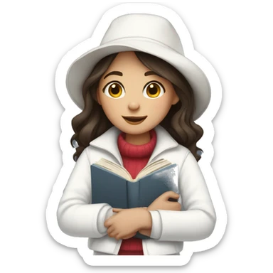 brunette girl in a white jacket in a white hat hugs a book sticker