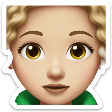 White girl with brown long curled hair and green eyes and a pink sweater big lips red sticker