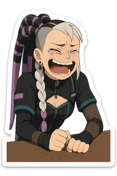 1 female, single long white braid with lavender tips. Cybergoth futurepunk, crying from laughter, pounding her fist on a table, “wheeze emoji” facial expression, hilarious  sticker
