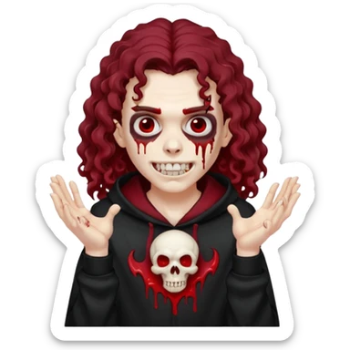 Vampire wearing a black hoodie with a skull logo on it, long curly hair that covers the forehead, fanged teeth and blood on hands sticker