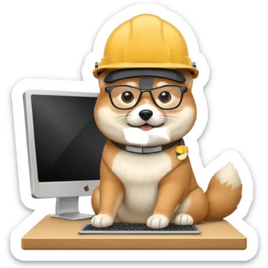 shiba inu with eye glasses and computer wearing a hard hat sticker