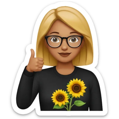 Make my biology teacher shes light brown, wears glasses, female, fat, all black sweater down and sunflower shirt under and make her give 1 thumbs up sticker