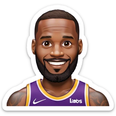 Happy smiling LeBron James in Lakers jersey with beard sticker