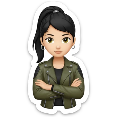 A girl with a pony tail black hair and olive ish skin, Asian eyes, with a black jacket and a black purse with arms crossed  sticker
