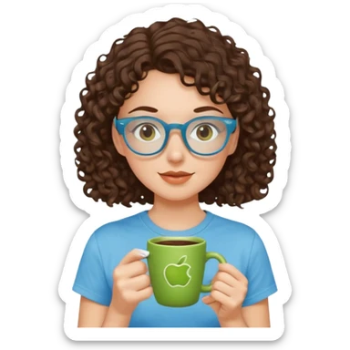 White girl with dark brown curly hair, brown eyes, sky blue glasses, apple green t shirt, drinking coffee sticker