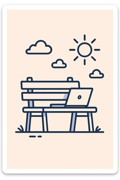 a bench in the sun with a laptop, minimal flat style sticker