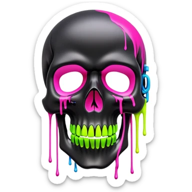 sleek black skull with vibrant neon graffiti tags and famous luxury brand logos spray painted, front view sticker
