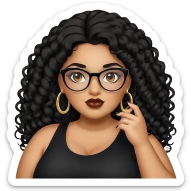 big plus size, latina, darker tan skin, long black curly hair, baddie,pretty, makeup, lipgloss, black eyeliner, long hair, small gold earrings, black top, black glasses sticker