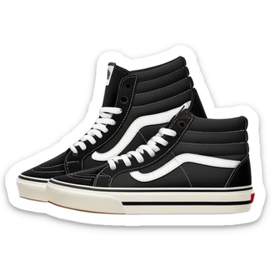 Minimalist iOS-style emoji of a pair of black Vans Sk8-Hi sneakers, one behind the other, simplified flat design, clean lines, minimal details but with white side stripe sticker