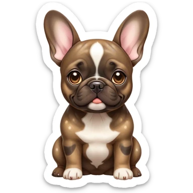 Cinematic Cute Brindle French Bulldog Portrait Emoji, Head tilted playfully and inquisitively, featuring a glossy brindle coat with a smooth texture and delicate fawn highlights, round, sparkling dark eyes filled with curiosity, Simplified yet irresistibly adorable features, highly detailed, glowing with a warm, friendly glow, high shine, affectionate and lively, stylized with a touch of whimsy, bright and endearing, soft glowing outline, capturing the essence of a mischievous yet loving companion, so playful it feels like it could prance out of the screen and into your arms! sticker