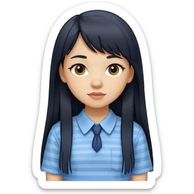 hair : black long hair with fringe 
skin : light 
cloth : light blue stripe shirt + navy long long school girl skirt



 sticker