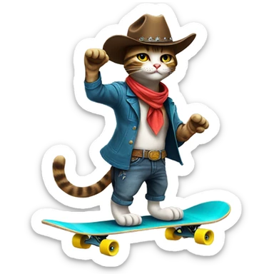 a cool cowboy cat on skateboard, lively sticker