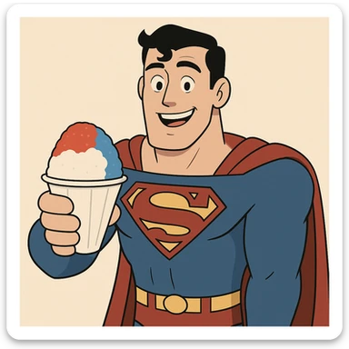 Superman offering a snow cone, friendly smile, cheerful, modern illustration style sticker