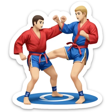 An icon symbolizing Sambo, featuring two fighters in blue and red kimonos with shorts and wrestling shoes. One executes a powerful throw, while the other attempts a defensive grab. The fighters are engaged in a grapple, using joint locks and sweeps.  sticker