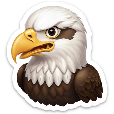 bald eagle with open beak from front view, white head, yellow beak sticker