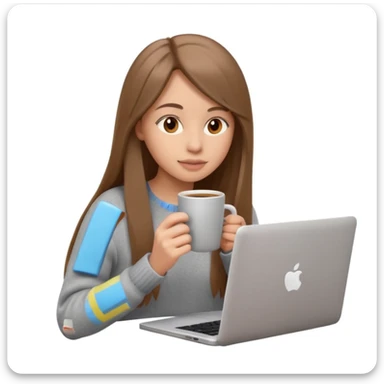 young woman 20 years old, long straight brown hair, wearing a sweater, drinking coffee and working on a laptop, 3D Apple emoji style, white background sticker