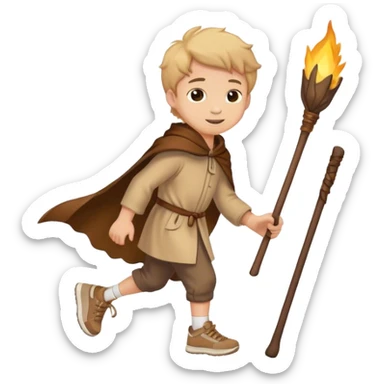happy Boy walking with brown mantle and stick and sneakers sticker
