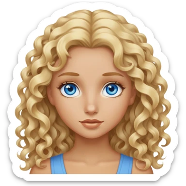 Blue eyes, long blonder curly hair, tan skin, girl sticker