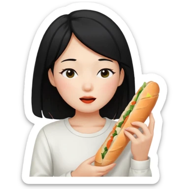 Girl black long hair eat kimchi close eyes baguette sticker