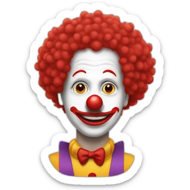 a man in a clown costume wearing clown makeup, a big round red nose and wearing a red afro wig sticker