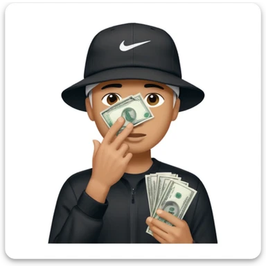 Man with money in his hand covering his face wearing a white and black hat and a Nike tech  sticker