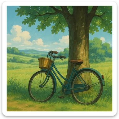 bicycle leaning against a tree, ghibli style sticker