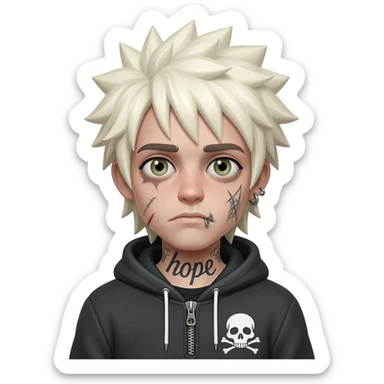 boy zombie spiky long platinum gold hair, hoodie zip is vignette skull wear piercings tatto "hope" sticker