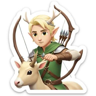 clash-of-clans-aesthetic-blond-male elf-archer-portrait-emoji, rendered in a flat, vector-style with minimal shading and bold holding his bow, simplified shapes, head tilted slightly forward with a determined, focused expression, riding a majestic white stag whose antlers glow with mystical energy, set against an ancient, enchanted forest backdrop. sticker