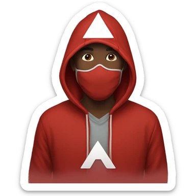 Man wearing red hoodie with a all back mask that has a white triangle printed on The mask sticker