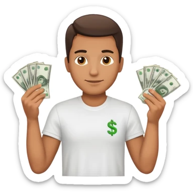 an American man with money in his hands wearing a T-shirt sticker