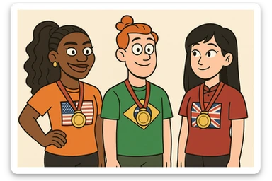 Serena Williams American shirts girl Orange bun hair a Brazil shirts boy brown Chinese shirt Chinese girl black hair United Kingdom shirt Defined Waves hair sports medal  sticker