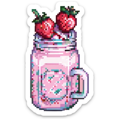 pixel art strawberry milkshake with pink hue and cherry on top, glass mug, extra cherries, pastel background sticker