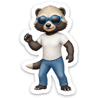 friendly anthropomorphised honey badger in jeans and a t-shirt, wearing sunglasses, walking upright, standard pose sticker