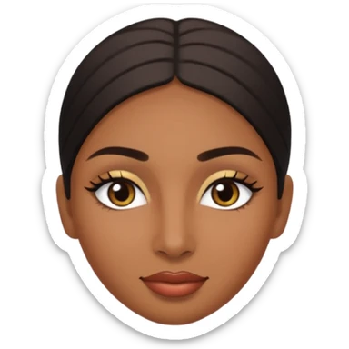 Dark olive skin, center rised eyebrows, very light smile so that lips are very close to liner and horizontal, some how liner eyes sticker