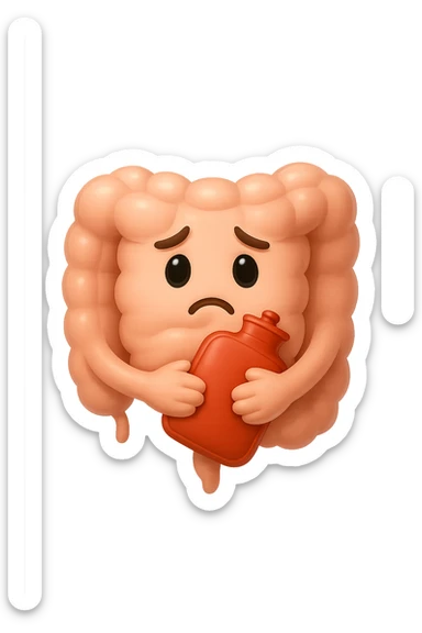 emoji stile iphone di un intestino che si tiene la borsa dell'acqua calda al centro, espressione di tristezza in volto, iperrealistico 4k sticker