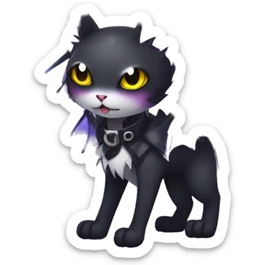   cool edgy kawaii anime-style ethereal dark-punk-themed animal vampiric cat-hybrid Fakemon with fangs and bat-wing-ears with a collar full body sticker