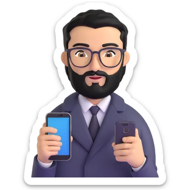 refined professional man standing, wearing black coat, with medium black beard, black hair neatly combed to one side, connected unibrow, olive tan skin, brown eyes, glasses, prominent nose, clearly holding a smartphone in hand sticker