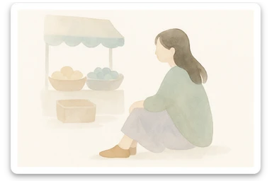 girl sitting on the marketplace, watercolor art style sticker