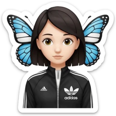 A girl with  medium length, dark hair, fair skin. The style is a butterfly  cut and wore black Adidas track jacket with white stripes on the sleeves. It has a full zipper down the front, a stand-up collar, and the Adidas logo on the right chest emoji sticker