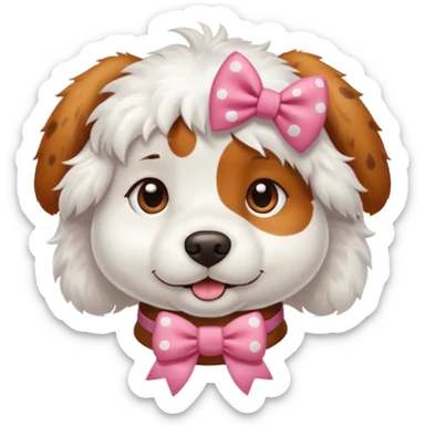 a white dog with brown spots and has a bow on her collar sticker