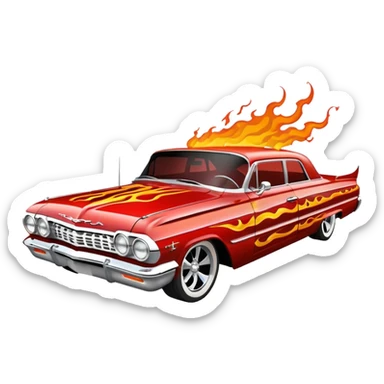 Satan’s streamlined Hot rod custom 1964 impala low rider four door themed painted hood flaming side-mounted under-door chrome exhaust pipes driving straight to hell  sticker