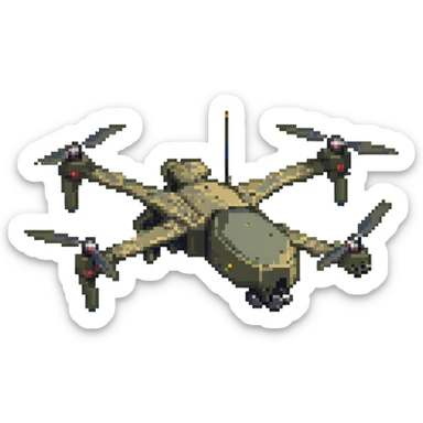 Ukrainian strike drone in a dynamic action pose sticker