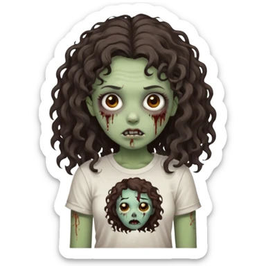 zombie girl with curly hair n brown eyes, dark and long hair 3a with wavy scalp, just a tshirt Ok but less curls and hair under te shoulder sticker
